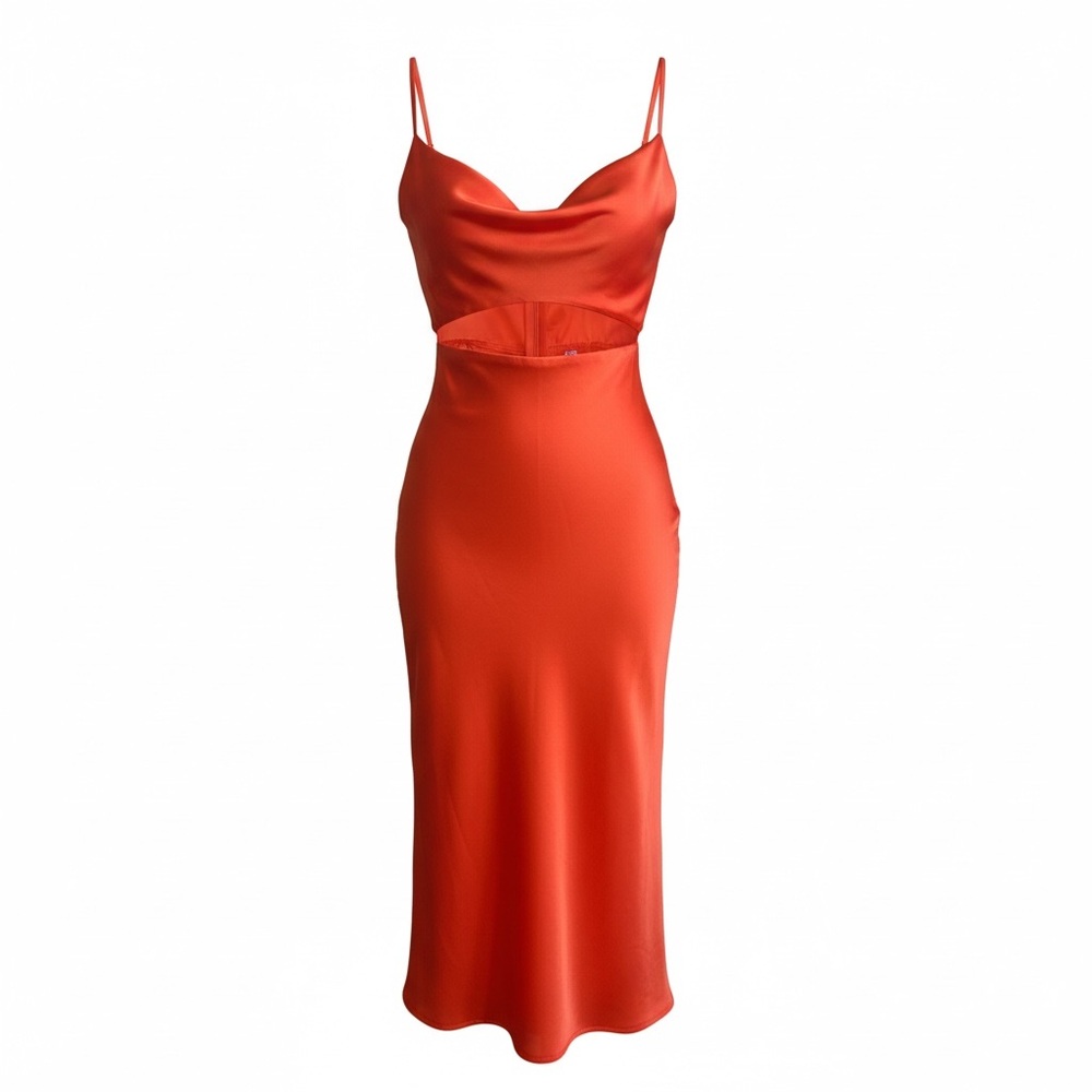 SHEIN Orange Satin Cowl Neck Cutout Slip Dress